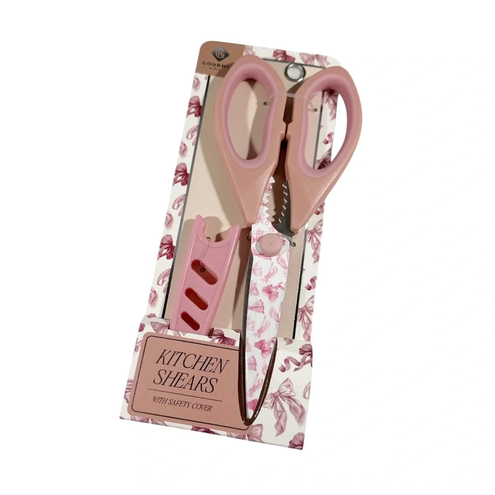 NEW Gourmet Kitchen PINK BOW DESIGN KITCHEN SHEARS with COVER